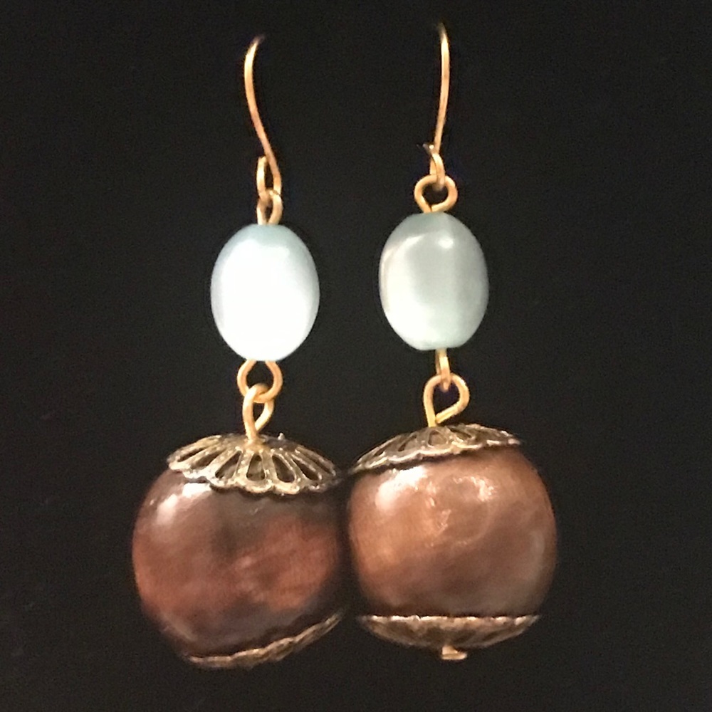 Wood & Light Blue Pearlescent Gold Tone Earrings